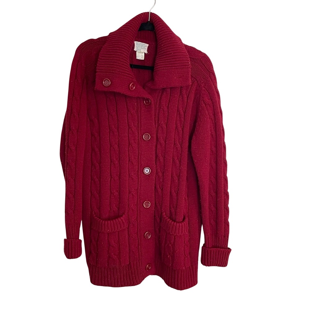 Vintage Sears Men's Red Cable Knit Button Front Cardigan Sweater Size 44 Grandpa